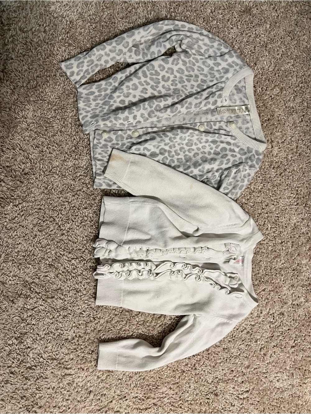 Cream Ruffle Cardigan & Gray Leopard Knit Sweater - Girls